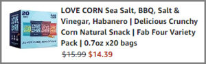 Screenshot of Love Corn Fab Four Variety Pack Discounted Final Price at Amazon Checkout