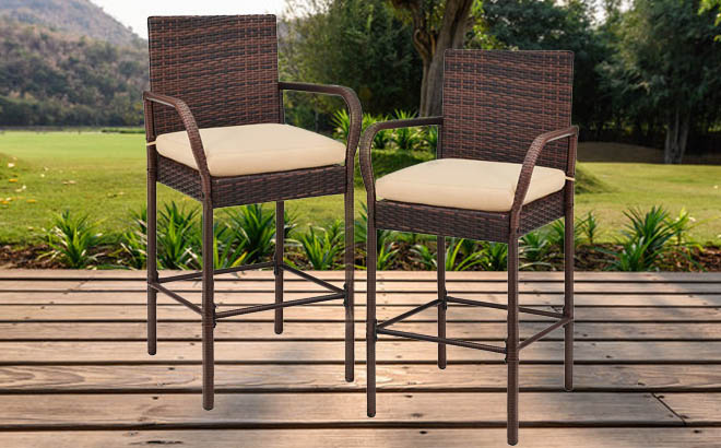 Set of 2 Indoor Outdoor Wicker Bar Stools with Cushion Footrests Armrests