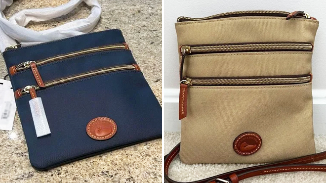 Two Dooney Bourke Nylon North South Triple Zip Crossbody Bags in Navy Color on the Left and Khaki on the Right