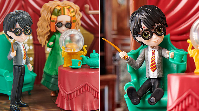 Two Images Showing a Detailed View of Harry Potter Magical Minis Hogwarts Divination Classroom Set