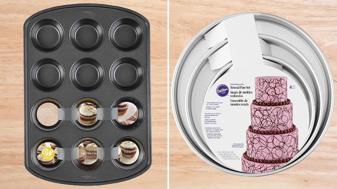 Wilton Perfect Results Premium Non Stick Bakeware Cupcake Pan and Wilton Round Cake Pans 4 Piece Set