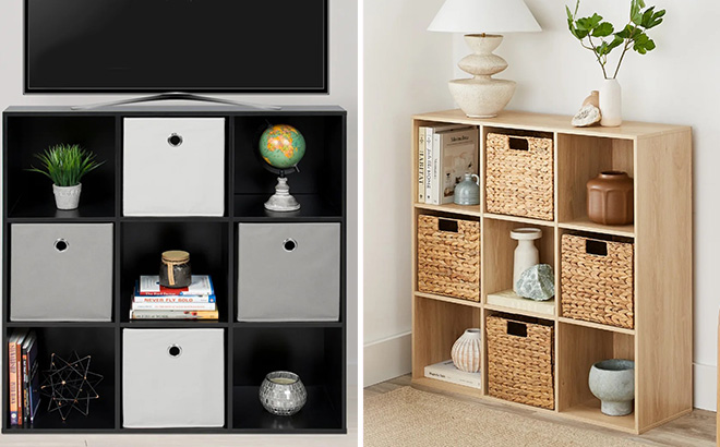 9 Cube Bookshelf Storage Display in Greige and Oak