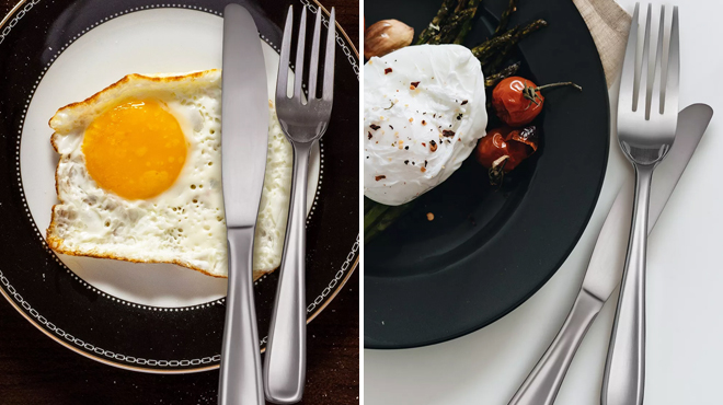 A Dinner Fork and Spoon with Fried Egg on a Plate on the Left and Same Items with Poached Egg on the Right