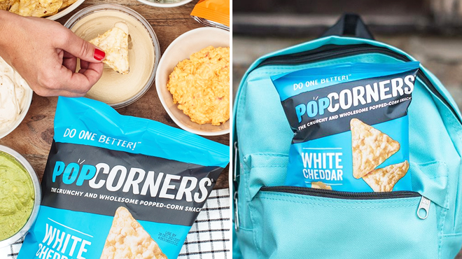 A Hand Dipping PopCorners White Cheddar Chips on the Left and the Same Item Inside a Bag on the Right