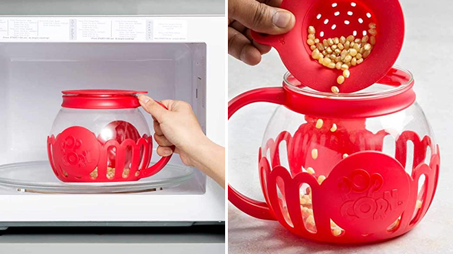A Hand Holding Microwave Popcorn Popper in Red on the Left and Same Item Pouring Kernels from the Lid on the Right