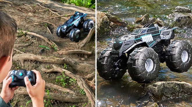 A Kid Playing with Batman Batmobile RC Car on the Left and an Image of the Same Item Crossing the River on the Right