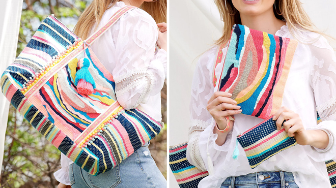 A Woman Carrying America Beyond Embellished Tote on the Left and Two Pouches on the Right