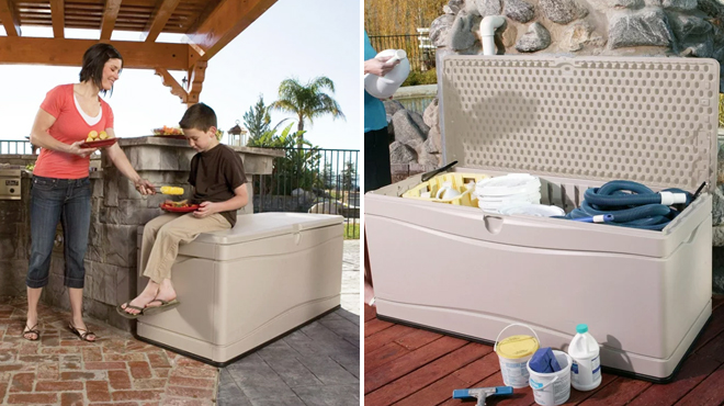 A Woman with Kid Sitting on Lifetime 130 Gallon Storage Box on the Left and an Image Showing the Same Item on the Right