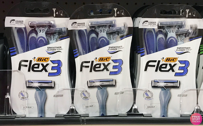 BIC Flex3 4 Count Mens Disposable Razors on a Shelf