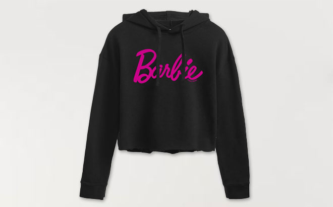 Barbie Pink Logo Cropped Graphic Hoodie on a Gray Background