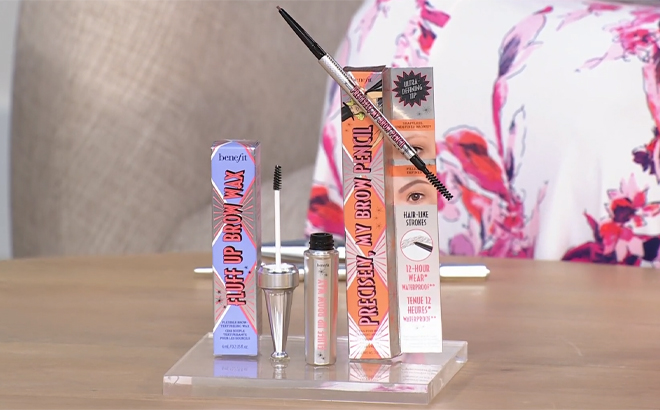 Benefit Cosmetics Precisely My Brow Pencil Fluff Up Brow Wax Two Piece Set on a Table