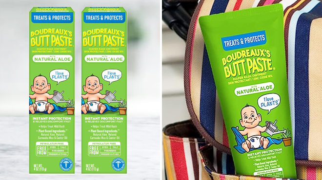 Boudreauxs Butt Paste with Natural Aloe Diaper Rash Cream 2 Pack on the Left and Same Item in a Bag on the Right