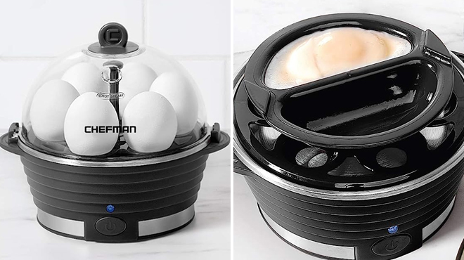 Chefman Egg Maker in Black Color on the Left and Same Item Cooking Egg on the Right