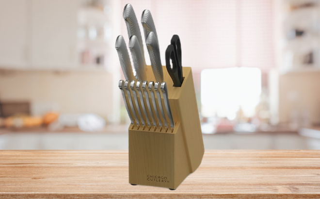 Chicago Cutlery 15 Piece Knife Block Set on a Wooden Table