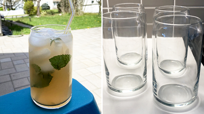 Classic Can Tumbler Glass with Cocktail on the Left and Four of the Same Item on the Right