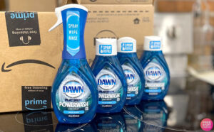 Dawn Powerwash with 3 Refills in front of an Amazon Prime Box