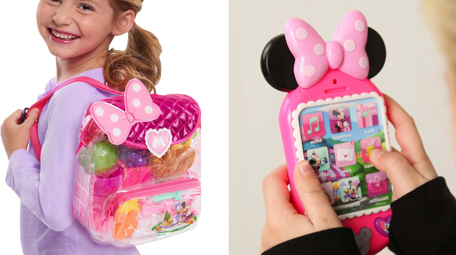 Disney Junior Minnie Mouse 18 piece Backpack Picnic Set and Minnie Bow Tique Why Hello Cell Phone with Lights and Realistic Sounds
