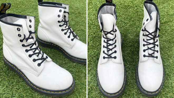 Dr Martens 1460 Womens Boots in White Patent on the Left and Front View of Same Item on the Right