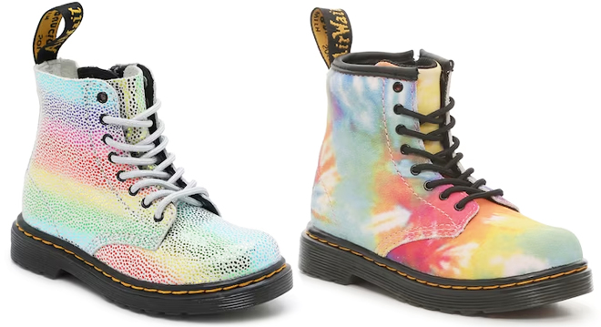 Dr Martens 1460 Kids Boot in Multicolor on the Left and Tie Dye on the Right