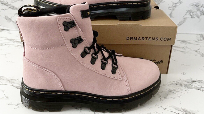 Dr Martens Pink Combs Suede Boot with a box