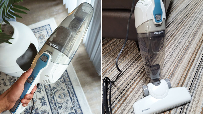 Eureka 3 in 1 Handheld Vacuum on the Left and Same Item in Stick Vacuum Mode on the Right