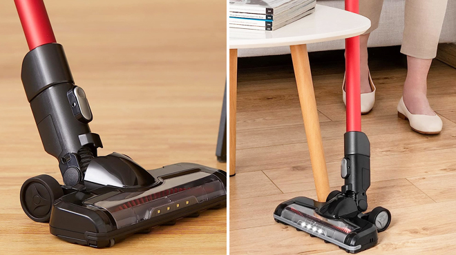 Eureka Cordless Stick Vacuum Cleaner in Red and Black Color on the Left and a Person Using the Same Item on the Right