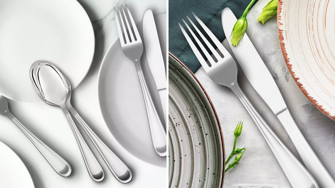 Five Pieces of Dinner Flatware on the Left and a Dinner Fork and Knife on the Right