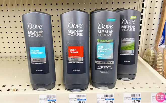 Four Different Scents of Dove Men Body Wash on a Store Shelf