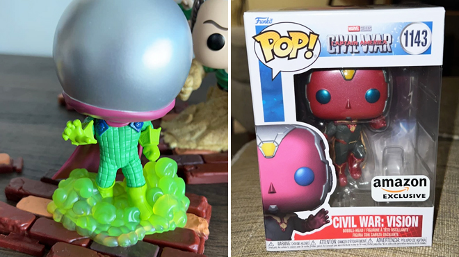 Funko Pop Deluxe Marvel Sinister 6 Mysterio 1016 on the Left and Funko Pop Marvel Civil War Vision 1143 on the Right