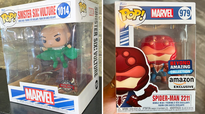 Funko Pop Deluxe Marvel Sinister 6 Vulture 1014 on the Left and Funko Pop Marvel Spider Man 979 on the Right