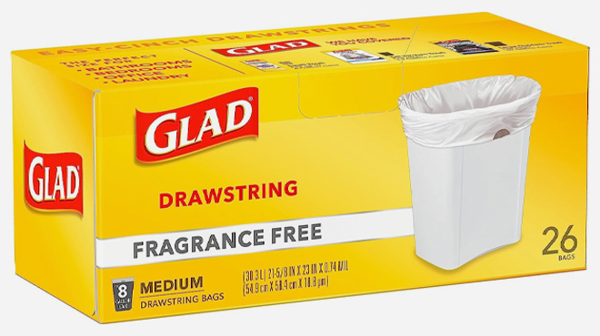 Glad Fragrance Free Trash Bags 26 Count on Table on White Background