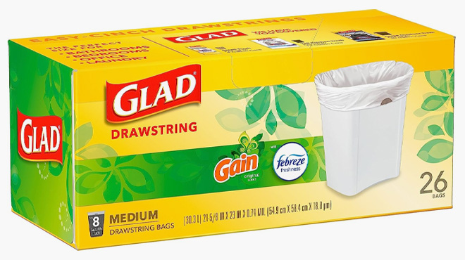 Glad Trash Bags 26 Count on Table on White Background