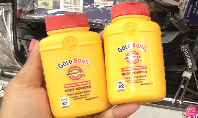 Hand Holding 2 Gold Bond Medicated Original Strength Body Powder