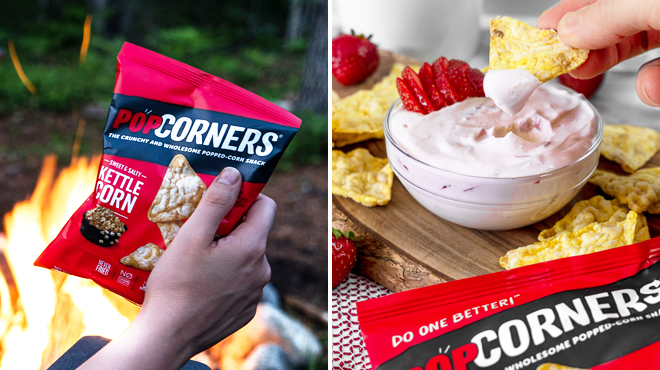 Hand Holding PopCorners Chips Kettle Corn Flavor on the Left and Hand with Same Item and Strawberry Dip on the Right