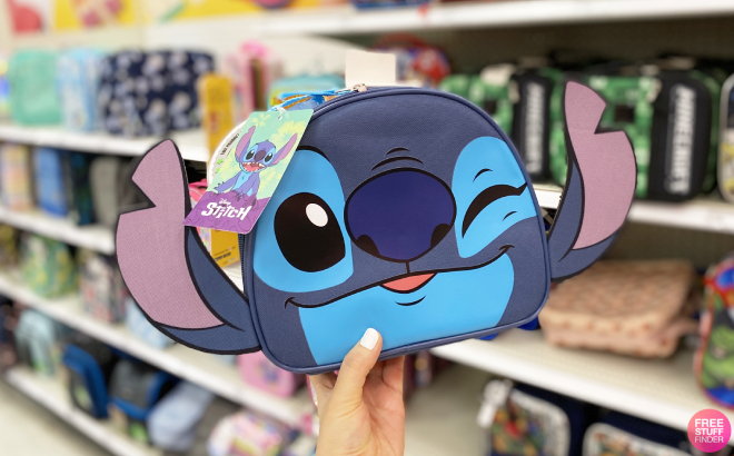 Hand Holding a Disney Stitch Kids Lunch Bag