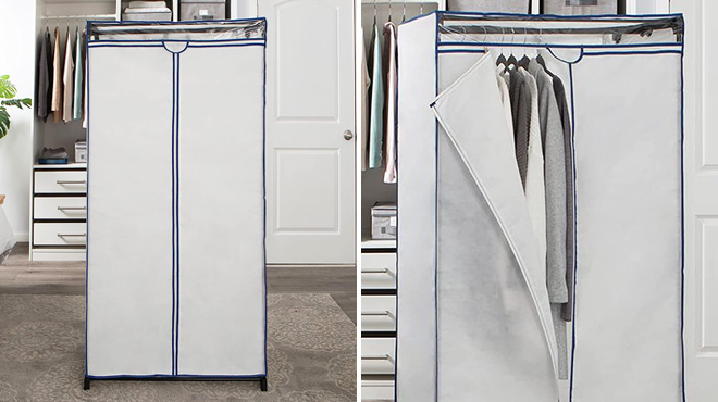 Heavy Duty Portable Closet Organizer on the Left and Closer Look at the Same Item on the Right