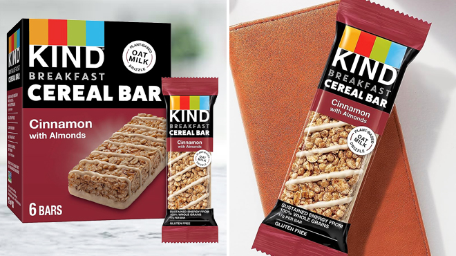 KIND Breakfast Cereal Bars Cinnamon Almonds 6 Count on the Left and a Bar of the Same Item on the Right