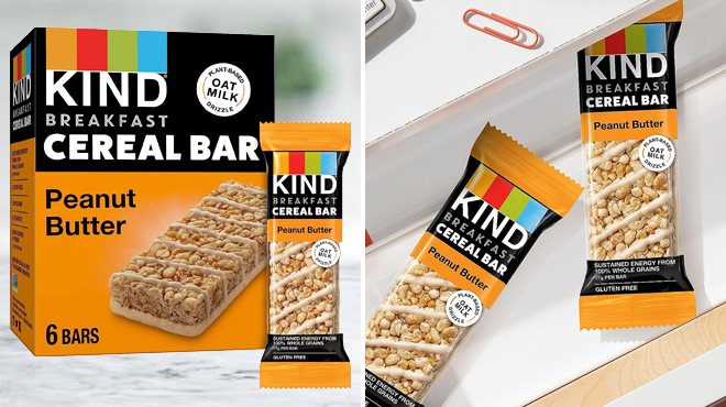 KIND Breakfast Cereal Bars Peanut Butter 6 Count on the Left and a Bar of the Same Item on the Right