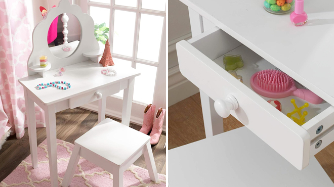 KidKraft Wooden Vanity and Stool Set on the Left and Closer Look at the Drawer on the Right