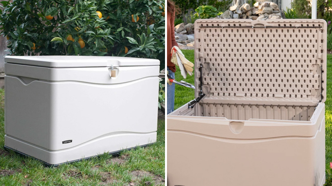 Lifetime Heavy Duty 80 Gallon Plastic Deck Box in Beige on the Left and Same Item with Lid Open on the Right
