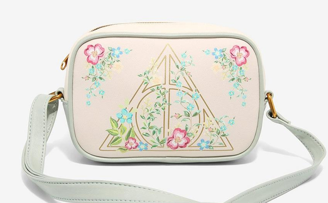 Loungefly Harry Potter Deathly Hallows Floral Crossbody Bag on a Gray Background