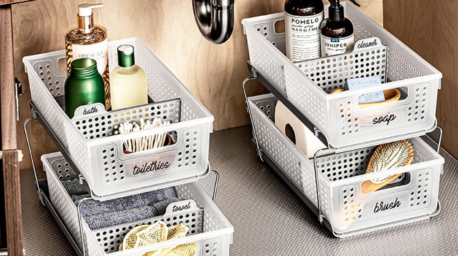 Madesmart 2 Tier Multipurpose Organizers with Storage Bins Placed Under Sink