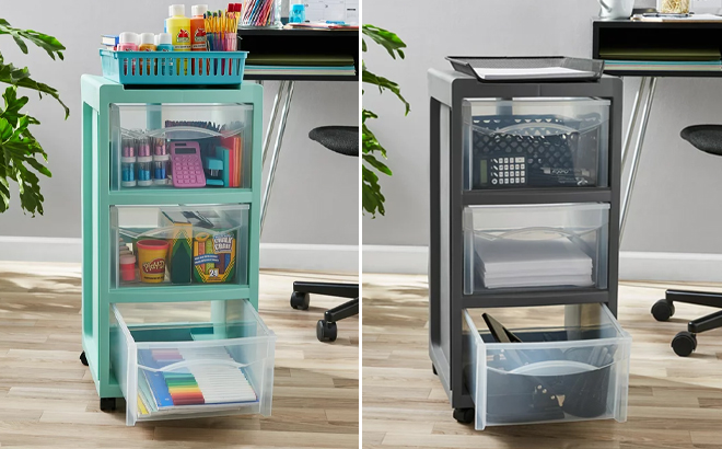 Mainstays 3 Drawer Rolling Storage Carts in Classic Mint and Grey Flannel