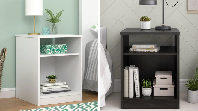 Mainstays Classic Open Shelf Nightstand in White Color on the Left and Black Oak on the Right