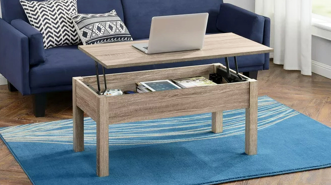 Mainstays Lift Top Coffee Table in Sonoma Oak Color with Laptop in the Living Room