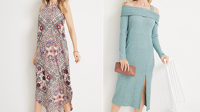 Maurices Patchwork Halter Neck Maxi Dress on the left and Maurices Off The Shoulder Sweater Midi Dress on the right
