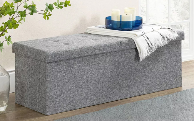 Mellow 45 Inch Folding Toy Box Chest with Smart Lift Top Upholstered Tufted Storage Ottoman