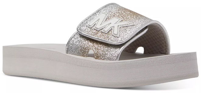 Michael Kors Womens MK Platform Logo Pool Slide Sandals in Silver