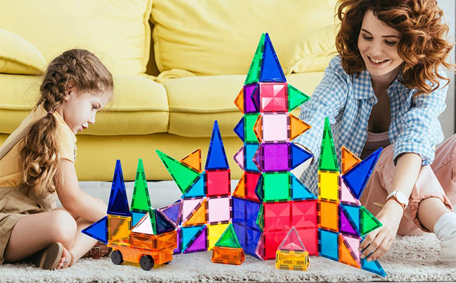 Mother and Daughter Playing PicassoTiles Magnetic Building Block Mini Diamond Set