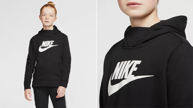 Nike Black Girls Sportswear Pullover Hoodie on White Background